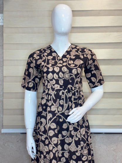 Charcoal Black Ivory Floral Vine Kalamkari Feeding Maxi