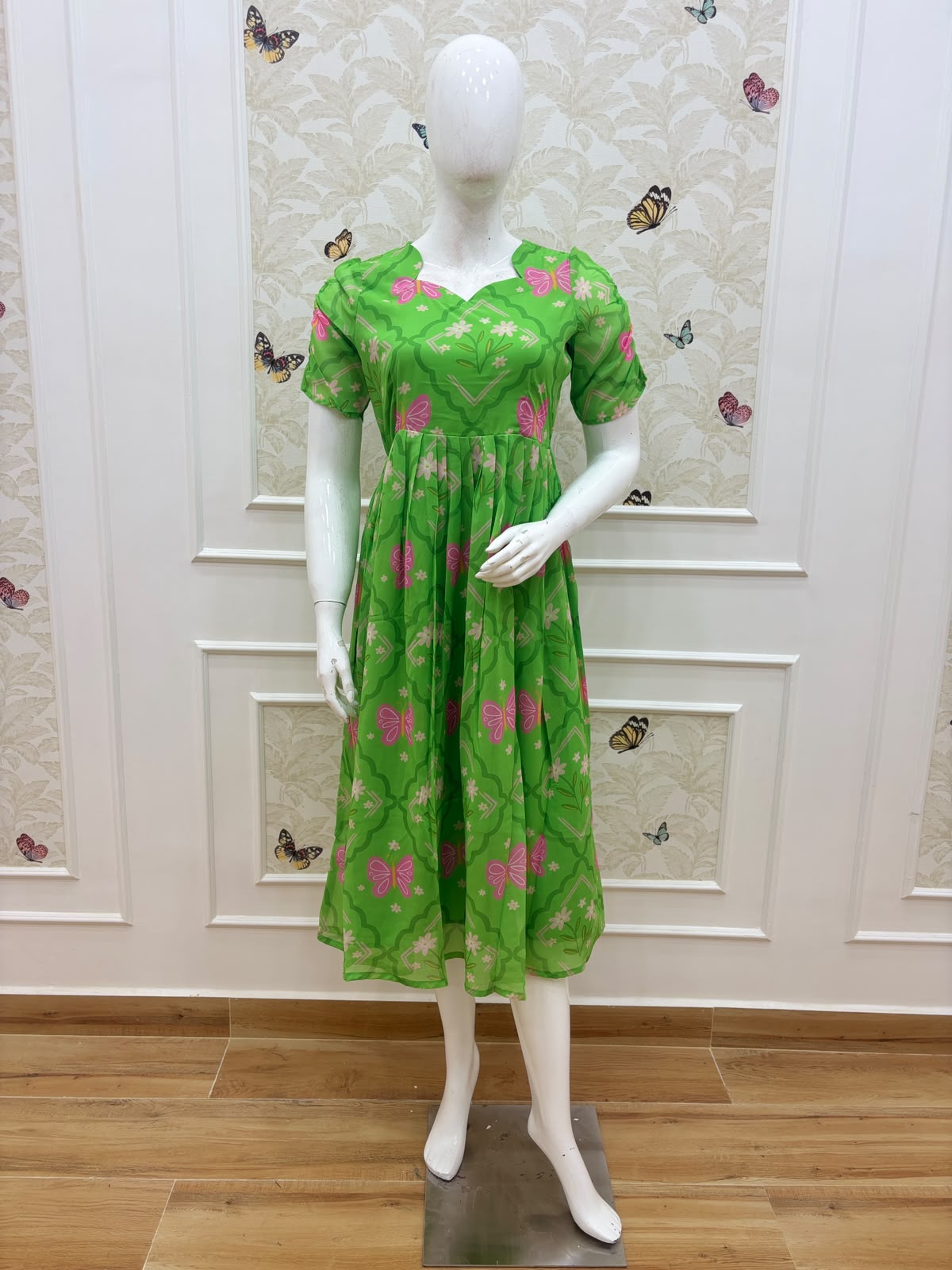 Green Butterfly Bloom Printed Georgette Non Feeding Maxi