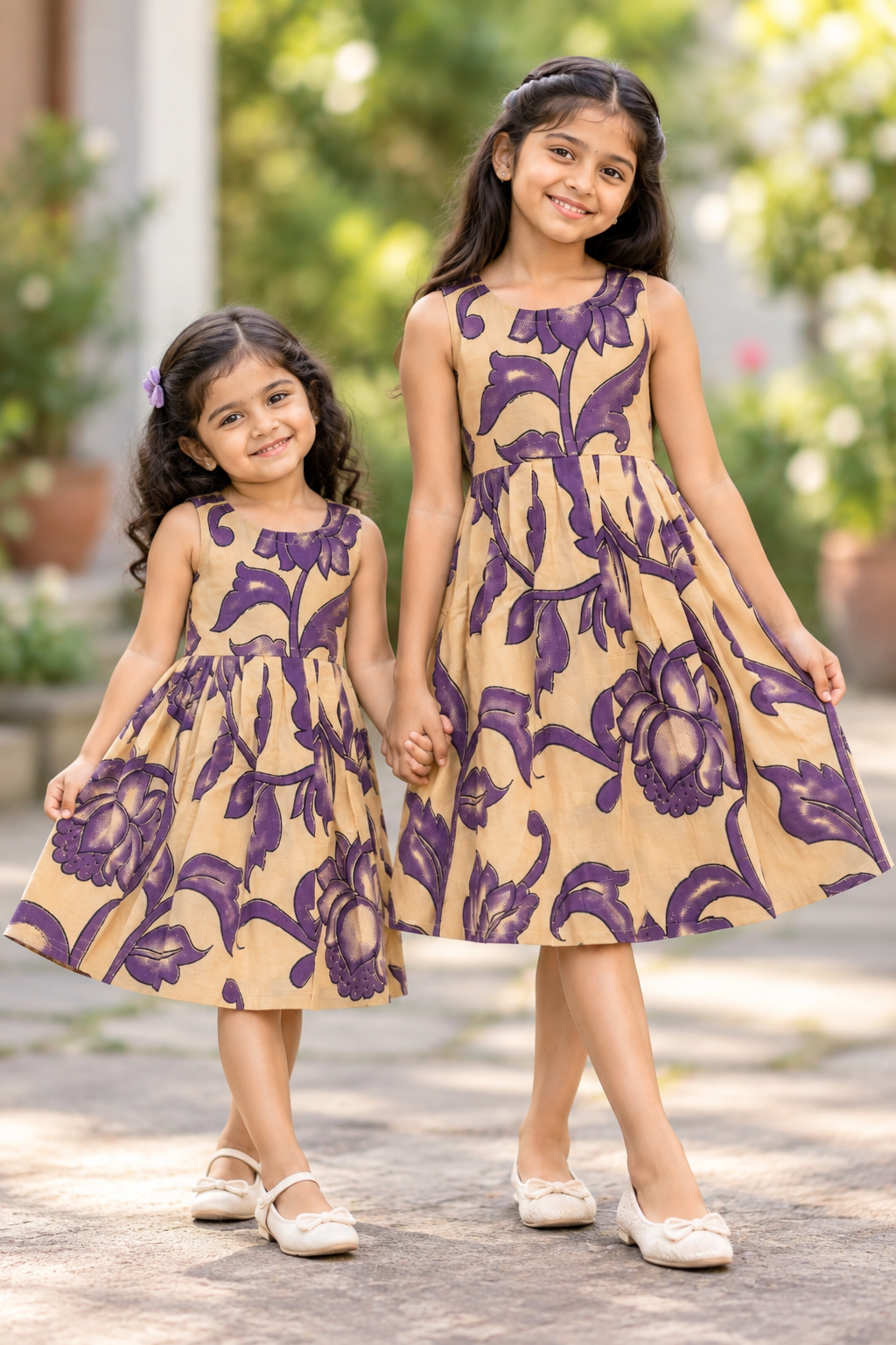 Beige Purple Floral Kids Kalamkari Outdoor Wear