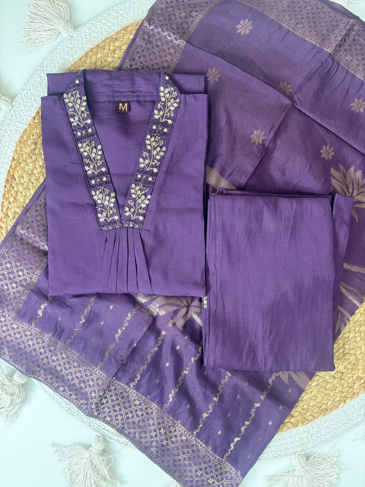 Elegant Roman Silk Royal Purple Floral Embroidered 3-Piece Suit