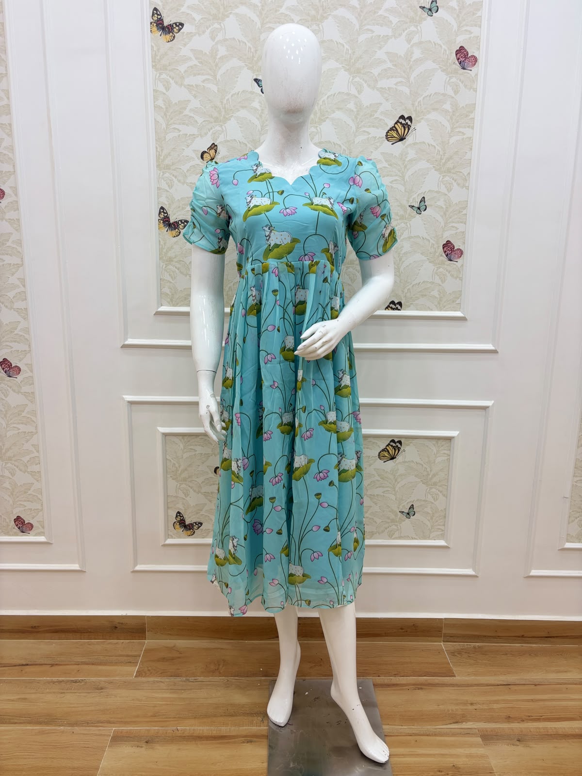 Blue Cow Printed Georgette Non Feeding Maxi