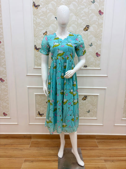Blue Cow Printed Georgette Non Feeding Maxi