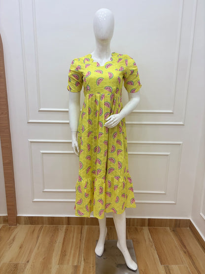 Yellow Watermelon Printed Hakoba Feeding Maxi