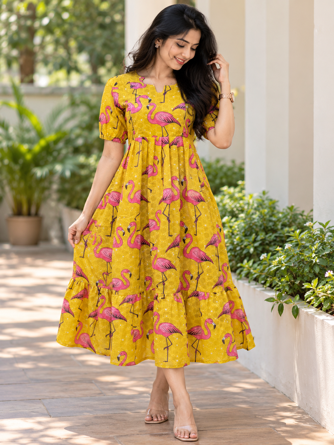 Yellow Swan Printed Hakoba Feeding Maxi