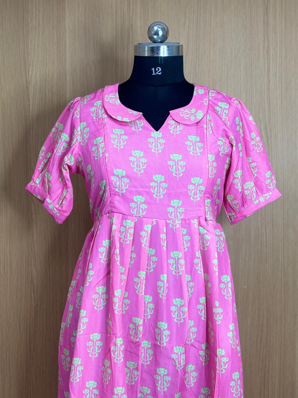 Pink And Lime Green Floral Printed Blended Cotton Feeding Maxi
