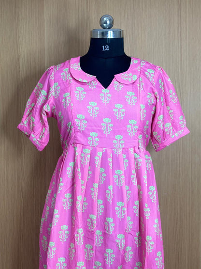 Pink And Lime Green Floral Printed Blended Cotton Feeding Maxi
