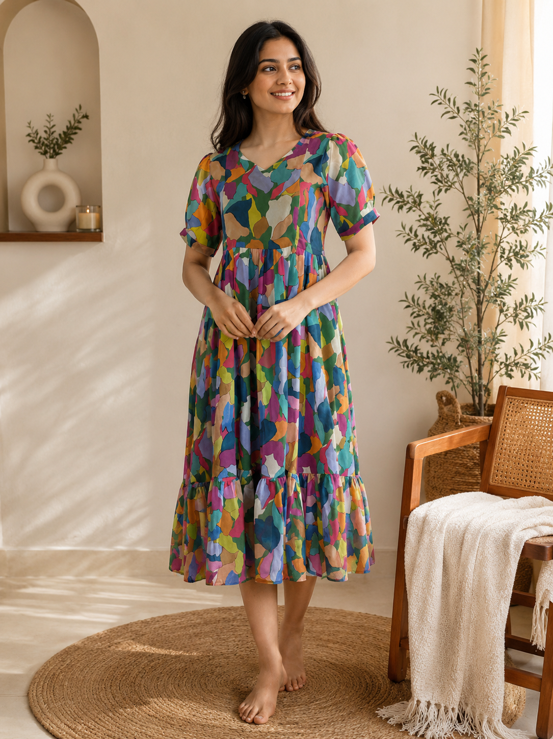 Multicolor Abstract Mosaic Georgette Double Side Zip Feeding Maxi