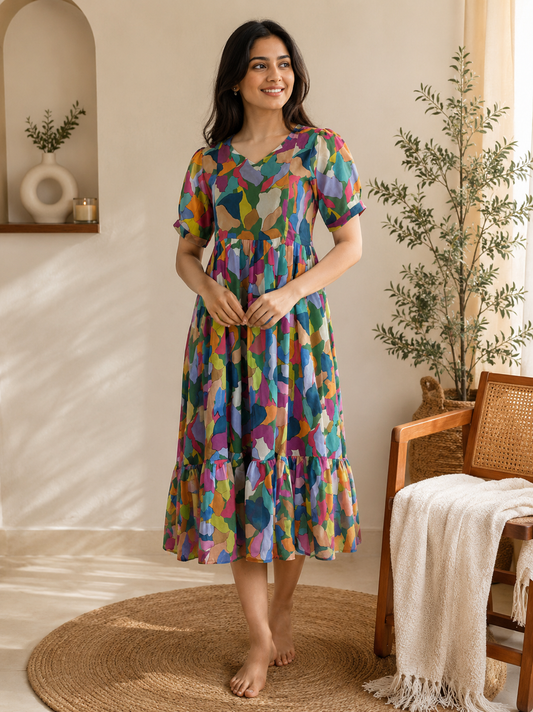 Multicolor Abstract Mosaic Georgette Double Side Zip Feeding Maxi