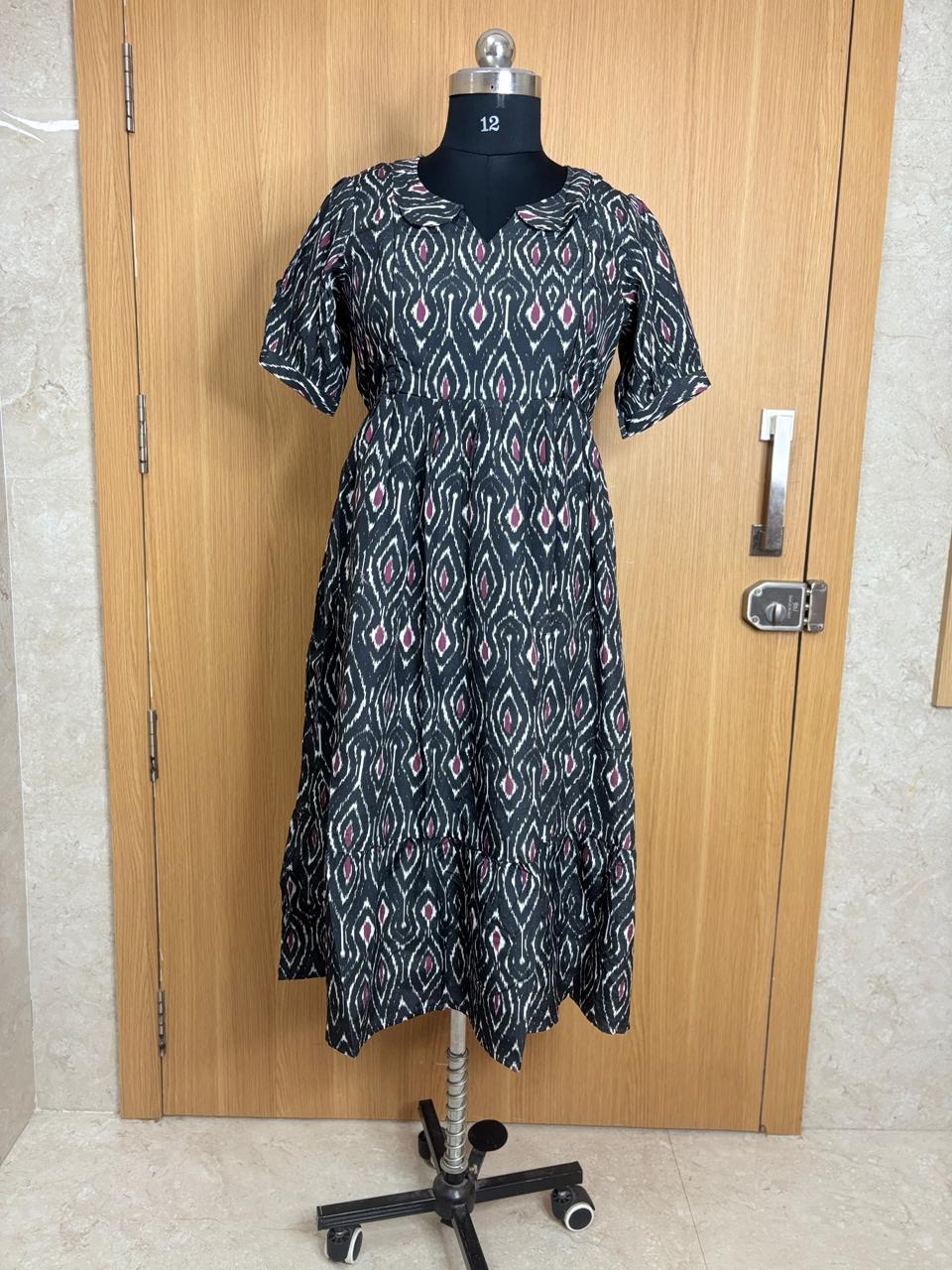 Black Ikat Printed Blended Cotton Feeding Maxi