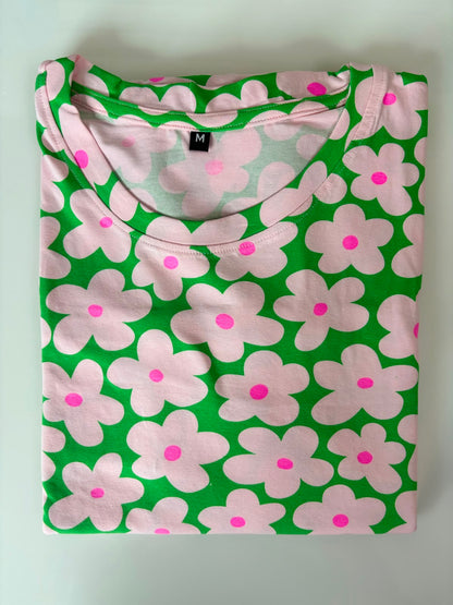 Retro Bloom Pink Floral In Grass Green Print Lounge Tunic