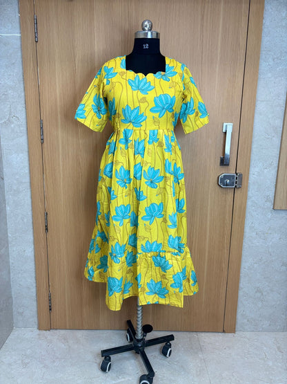 Yellow With Blue Floral Printed Blended Cotton Non Feeding Maxi