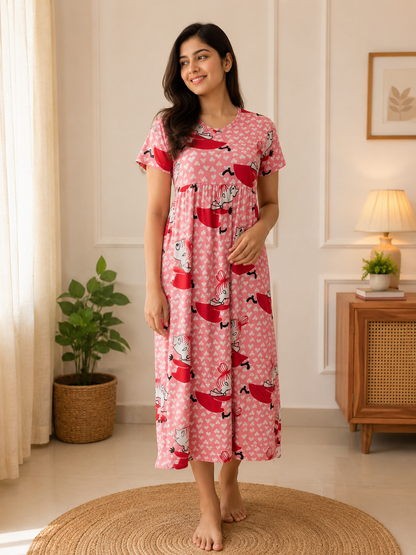 Pink Cartoon Printed Knitted Cotton V-neck Lounge Frock