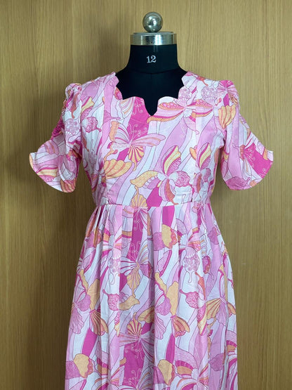 Pink Butterfly Printed Blended Cotton Feeding Maxi