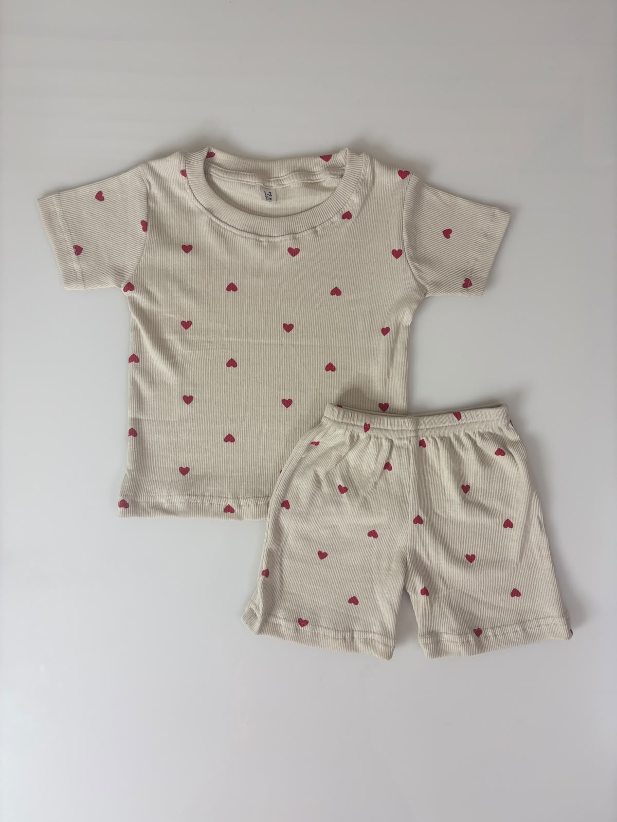 Beige Red Heart Printed Kids Rib T-shirt and Shorts Set