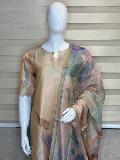 Sea Green Elegant Printed Linen Kurta Set With Duppata