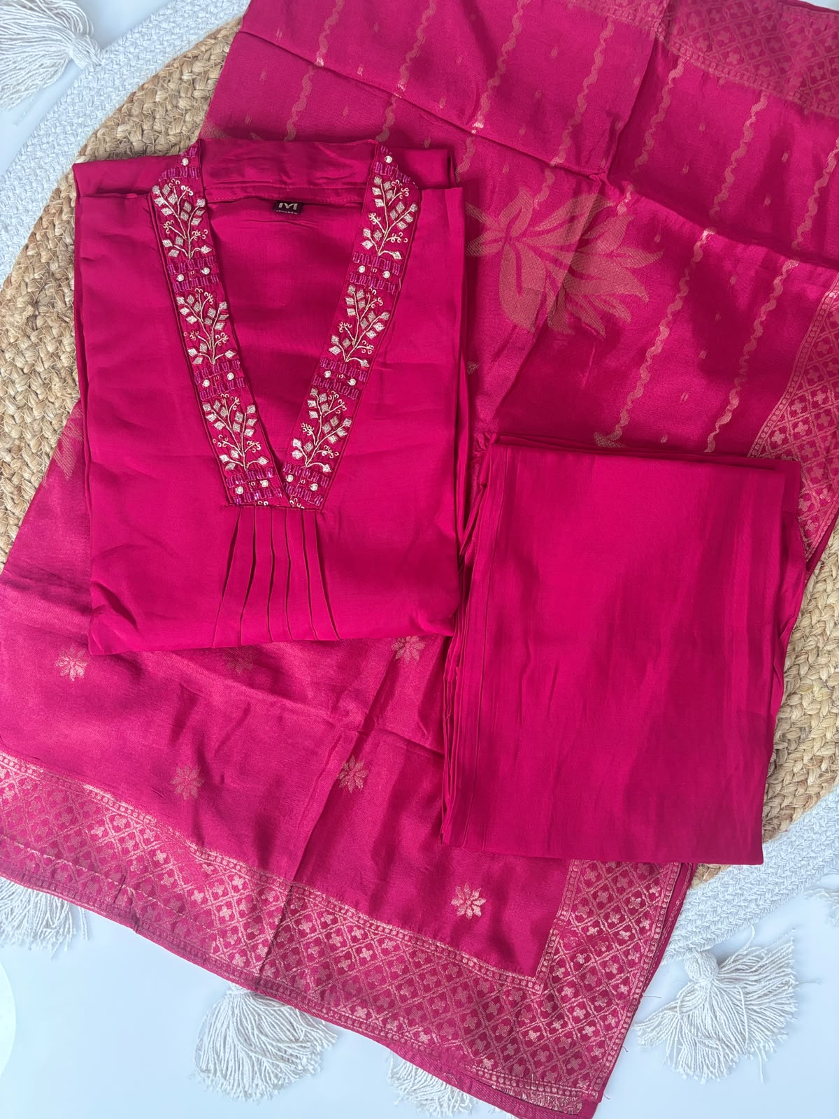 Elegant Roman Silk Rani Pink Gold Print Women's Anarkali 3 piece Suit