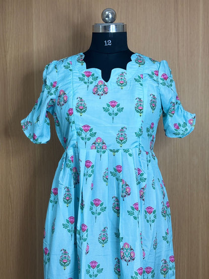 Sky Blue floral Printed Blended Cotton Feeding Maxi
