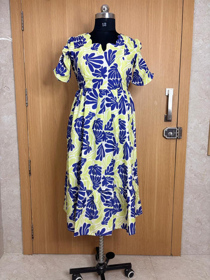 Lime Green and Royal Blue Floral Printed Blended Cotton Feeding Maxi