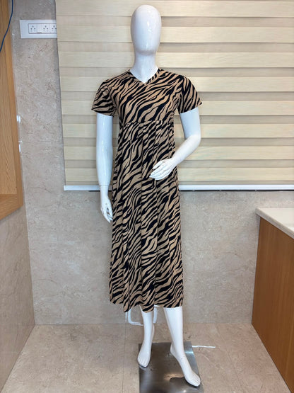 Brown Zebra Printed Knitted Cotton V-neck Lounge Frock