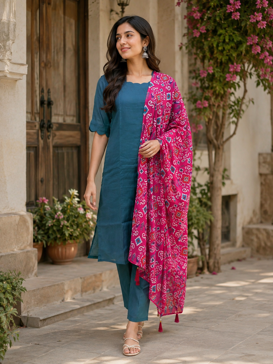 Steel Blue Solid Chanderi Suit With Pink Printed Dupatta