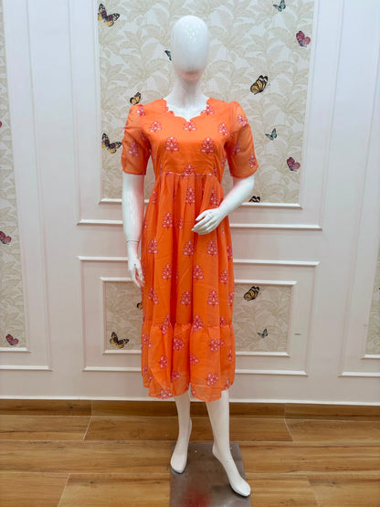 Orange Leafy Printed Georgette Non Feeding Maxi