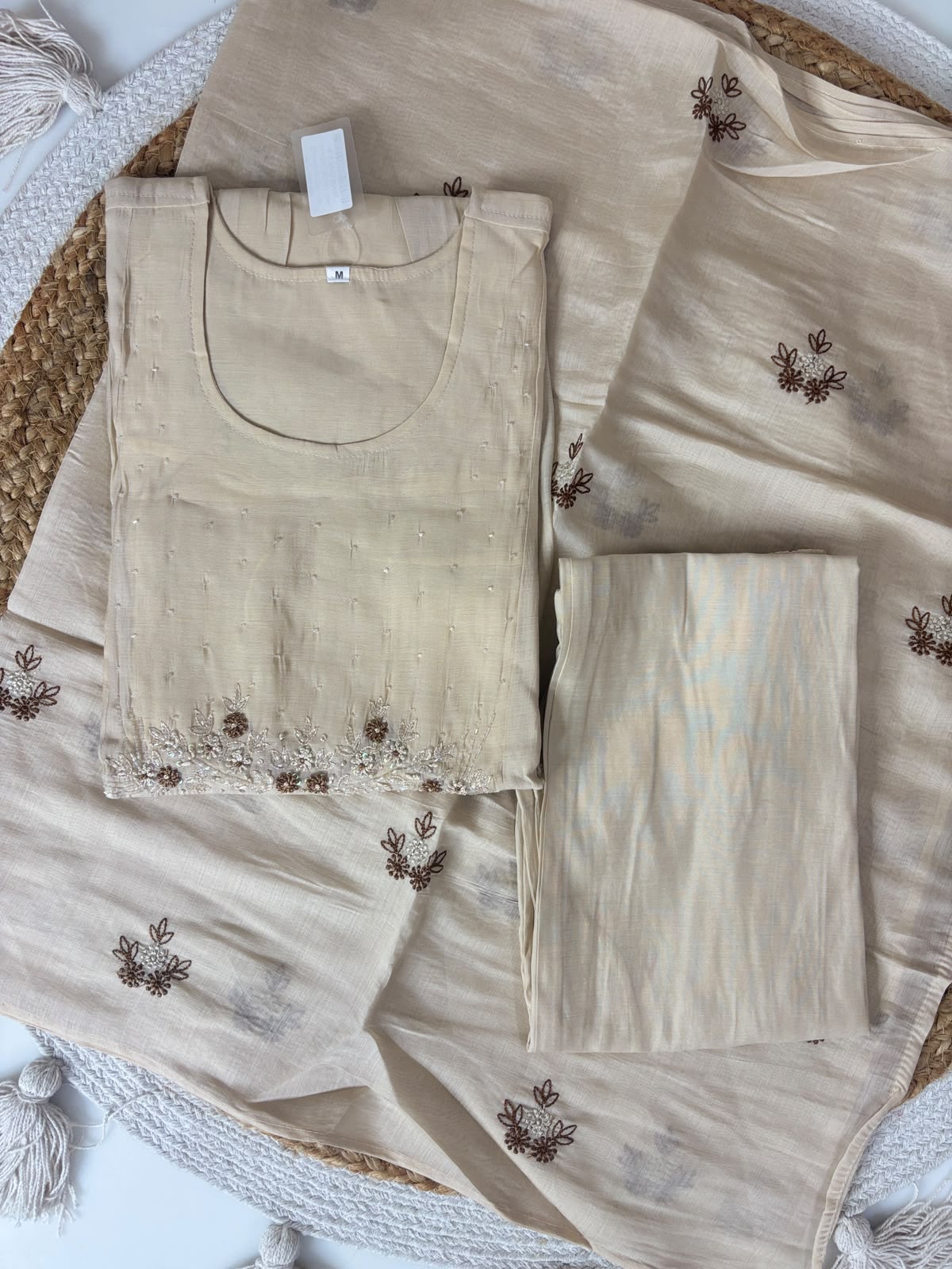 Elegant Mul Chanderi Cream Beige Floral Embroidery Women's Anarkali 3 Piece Suit