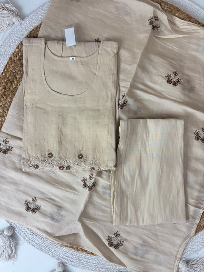 Elegant Mul Chanderi Cream Beige Floral Embroidery Women's Anarkali 3 Piece Suit