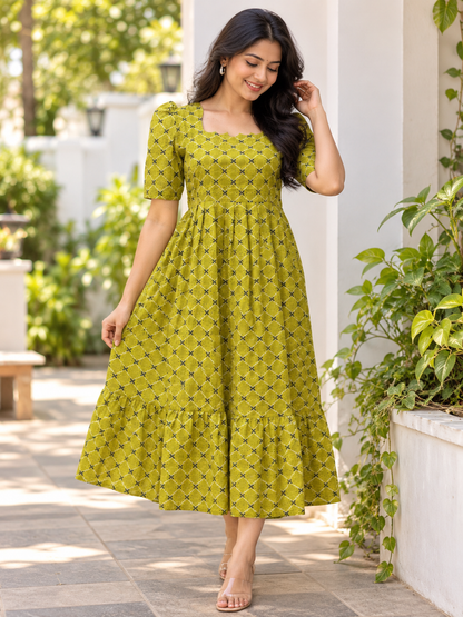 Olive Green Printed Hakoba Non-feeding Maxi