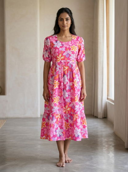 Pink Bloom Floral Printed Blended Cotton Non Feeding Maxi