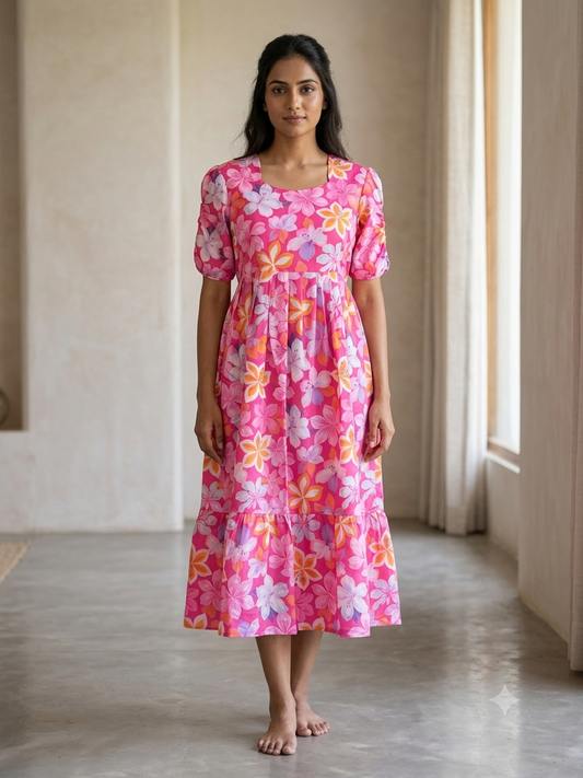Pink Bloom Floral Printed Blended Cotton Non Feeding Maxi