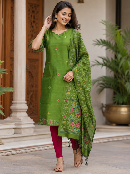 Premium Green Jamdhani Silk Kurti With Duppata 2 Piece Set
