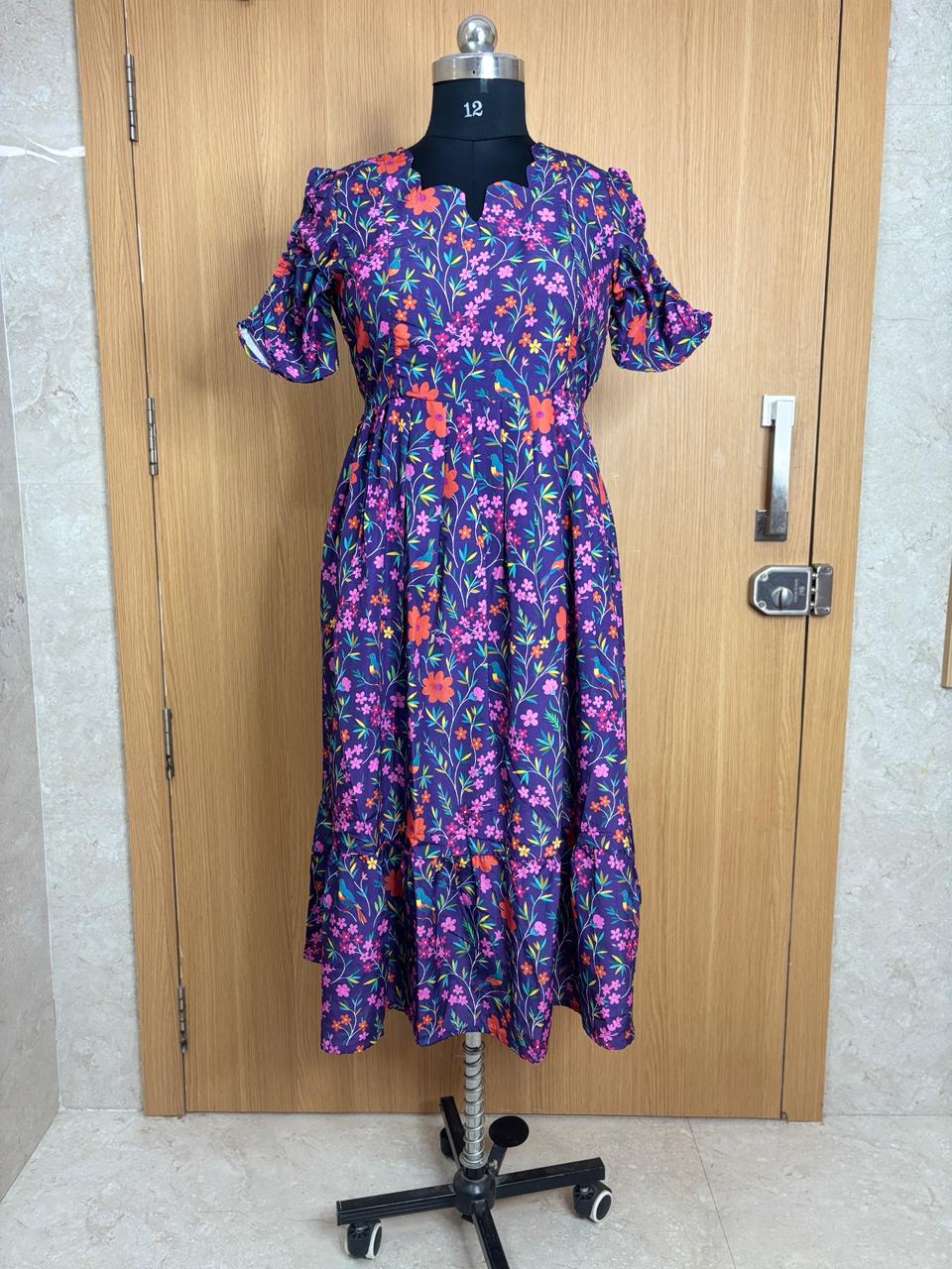 Navy Floral Printed Blended Cotton Feeding Maxi