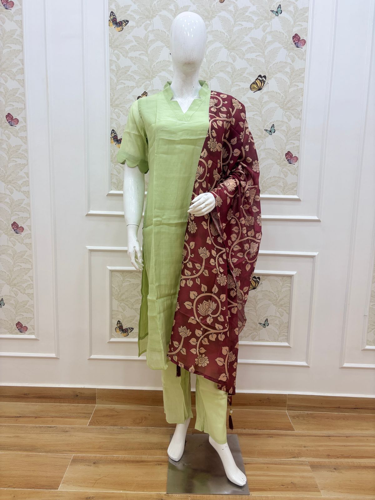 Lime Green Solid Chanderi Suit With Maroon Printed Dupatta