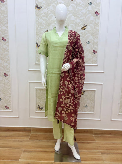 Lime Green Solid Chanderi Suit With Maroon Printed Dupatta
