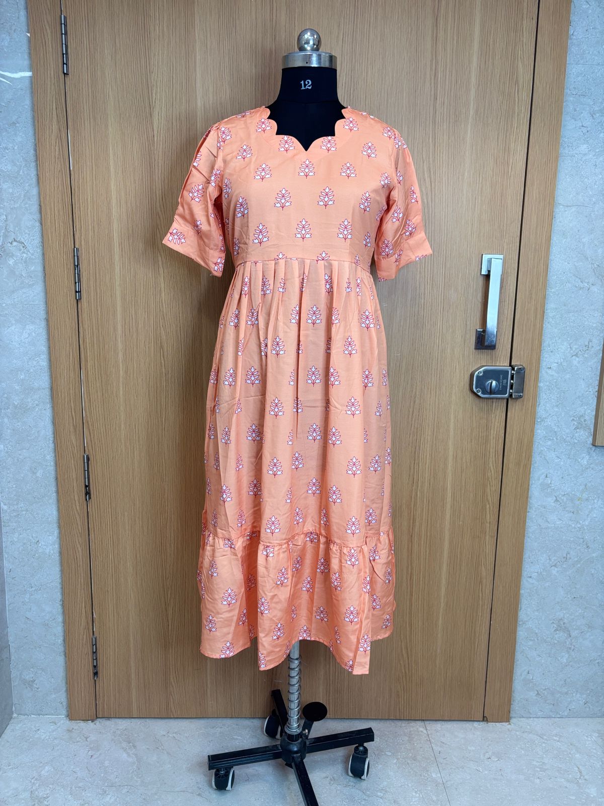 Peach Floral Printed Blended Cotton Non feeding Maxi