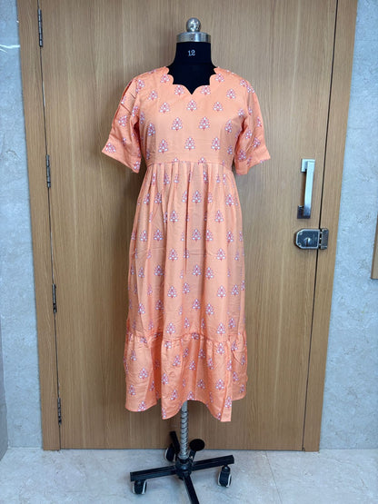 Peach Floral Printed Blended Cotton Non feeding Maxi