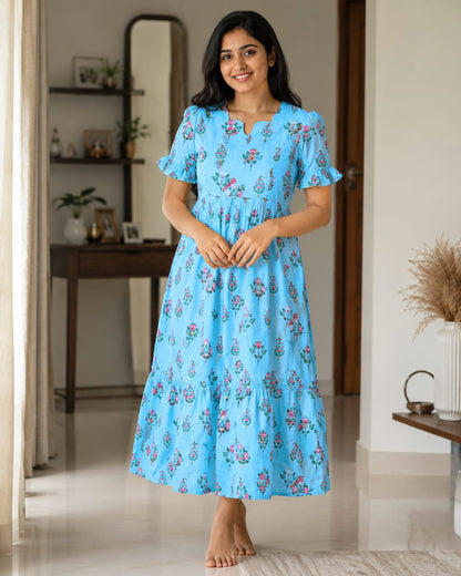 Sky Blue floral Printed Blended Cotton Feeding Maxi