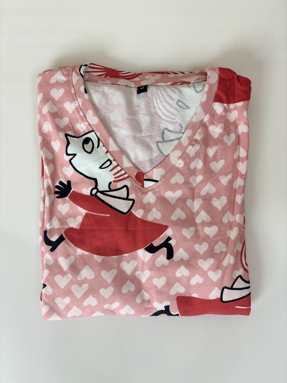 Pink Cartoon Printed Knitted Cotton V-neck Lounge Frock