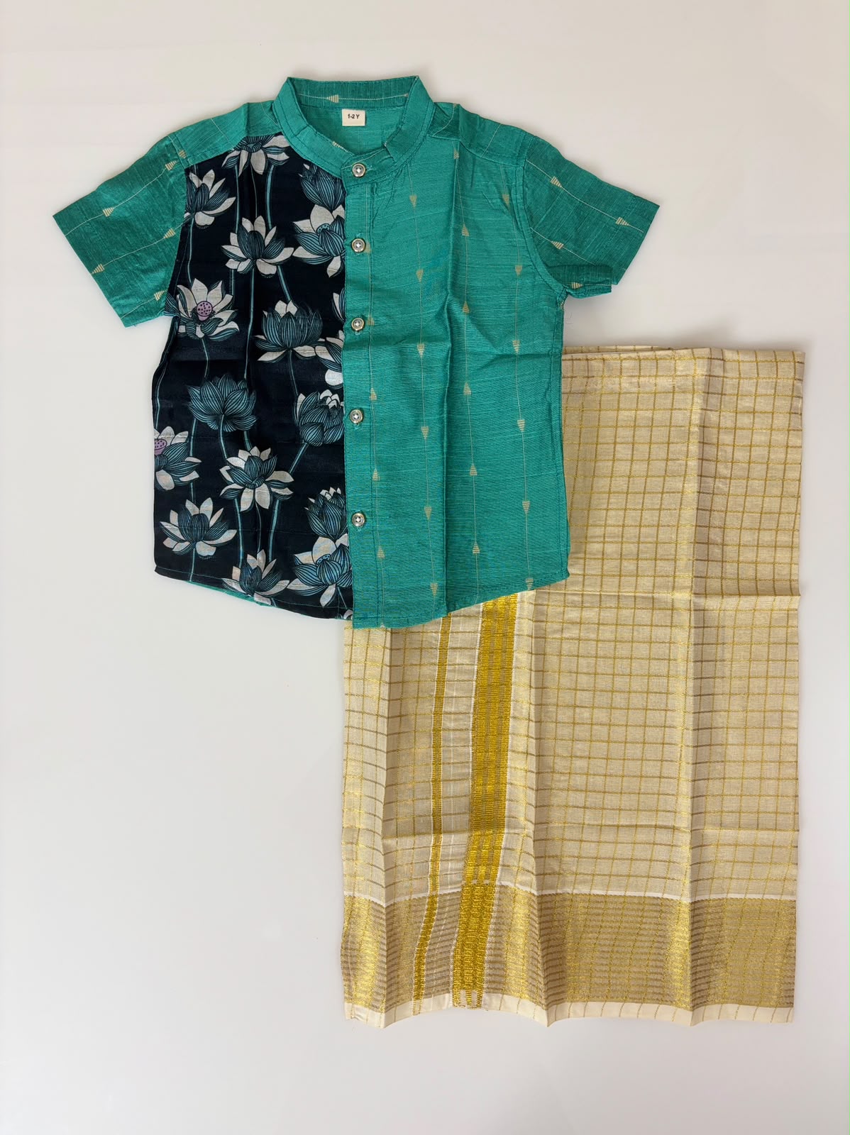 Traditional Lotus Printed Boys Ethnic Shirt and Dhoti Set
