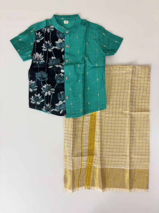 Traditional Lotus Printed Boys Ethnic Shirt and Dhoti Set