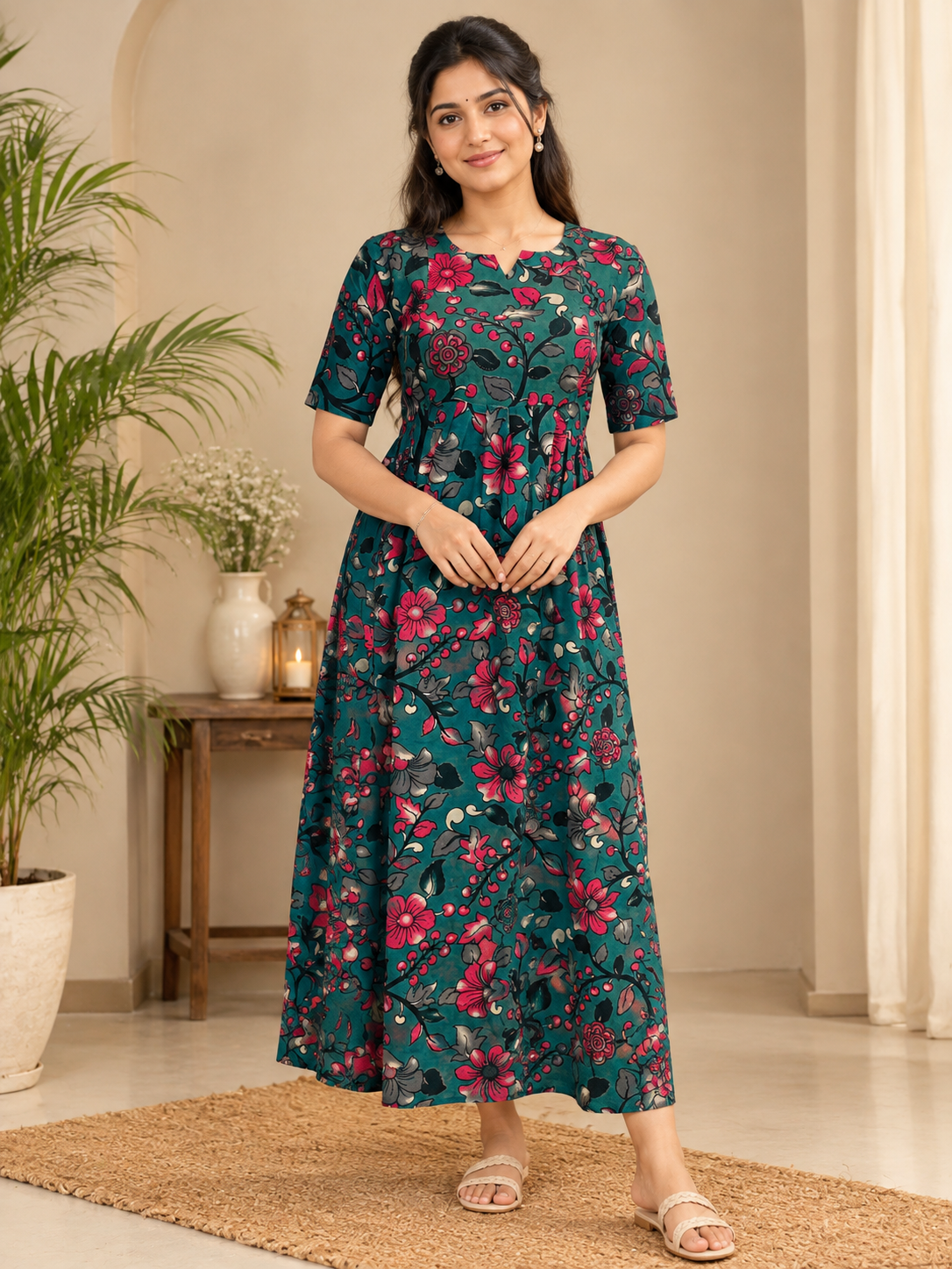 Sky Blue Teal Floral Kalamkari Printed Feeding Maxi