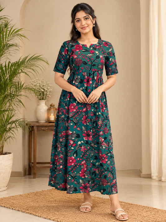 Sky Blue Teal Floral Kalamkari Printed Feeding Maxi