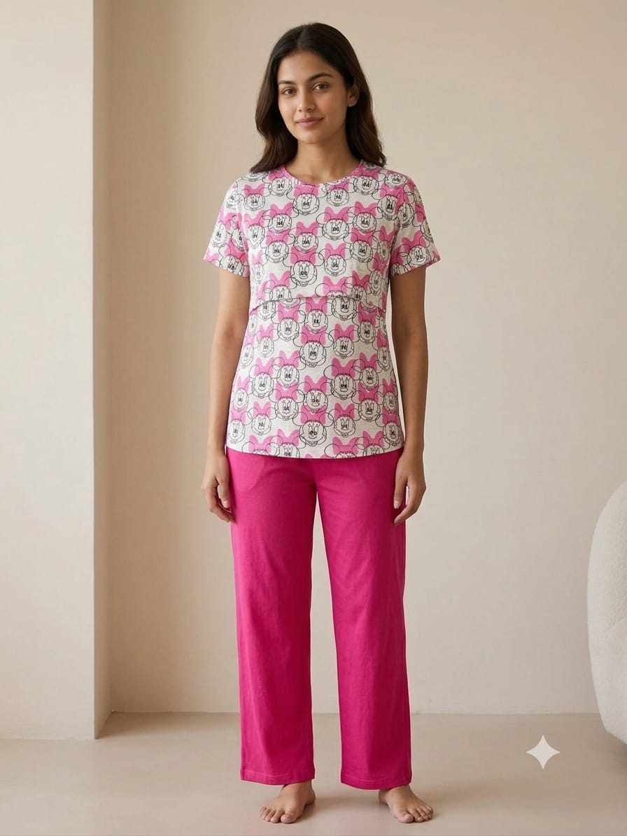 White & Pink Minnie Mouse Print Feeding T-Shirt with Hot Pink Palazzo