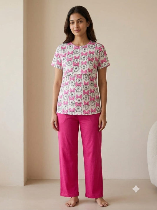 White & Pink Minnie Mouse Print Feeding T-Shirt with Hot Pink Palazzo