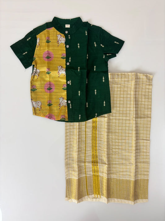 Traditional Indian Cow Motif Printed Boys Ethnic Shirt and Dhoti Set