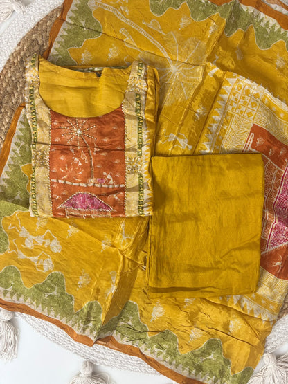 Elegant Butter Crepe Yellow Rust Orange Printed 3 Piece suit