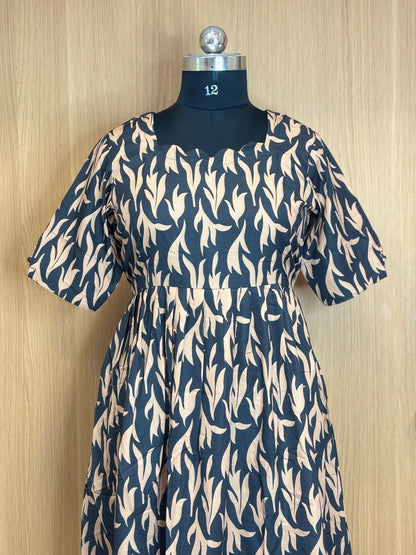 Black Beige Floral Printed Blended Cotton Non feeding Maxi