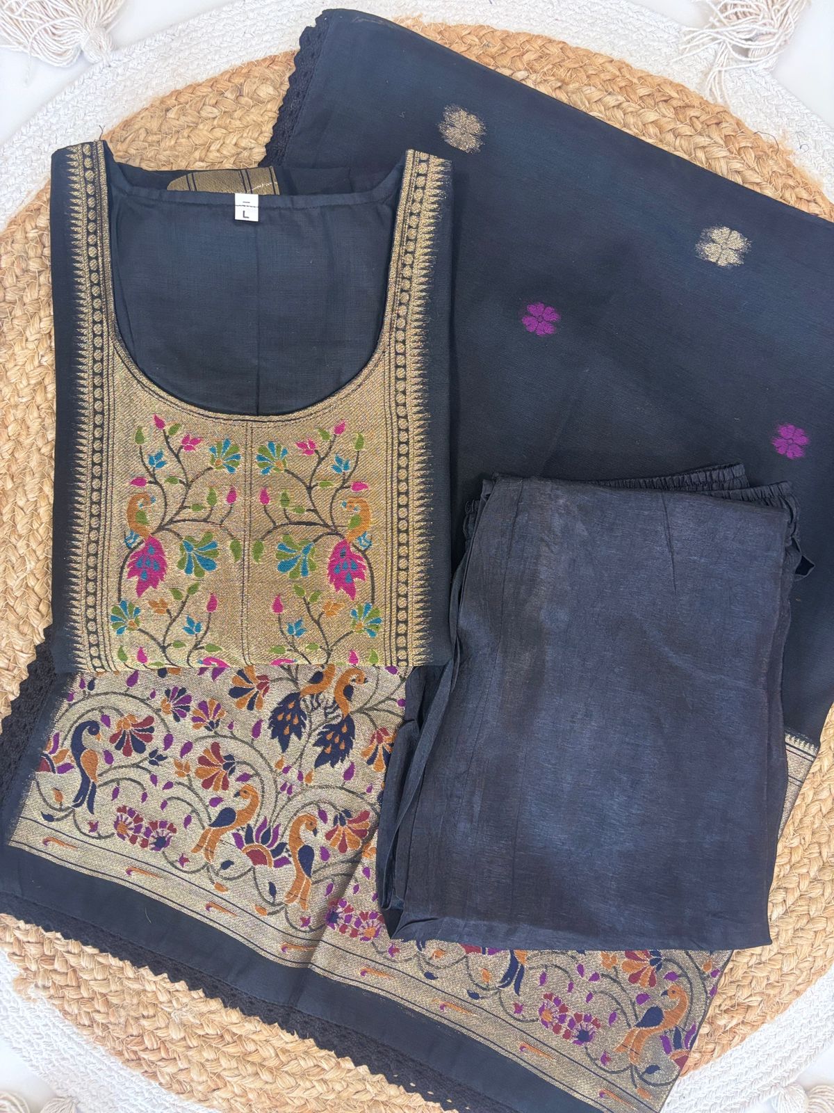 Elegant Black Patola Silk Kurta Set With Duppata
