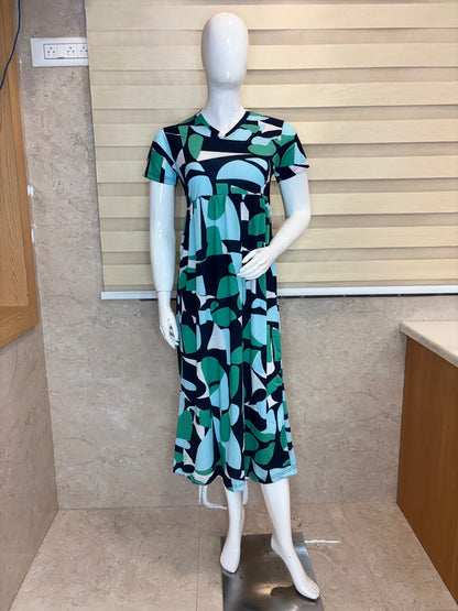Abstract Geometric Printed Knitted Cotton V-neck Lounge Frock