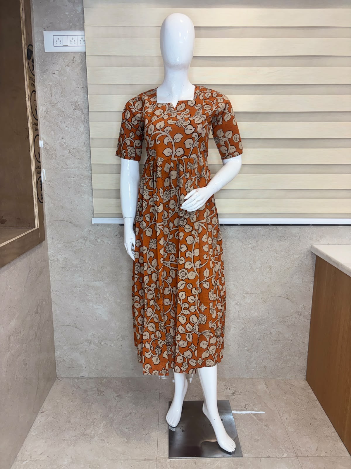 Rust Orange Ivory Floral Vine Kalamkari Feeding Maxi